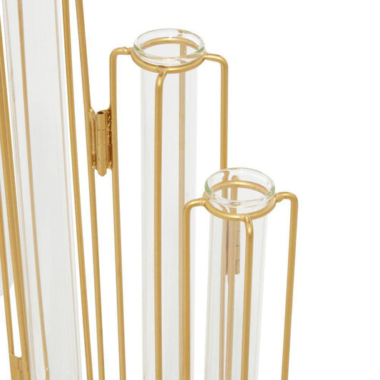 12 In. Gold Foldable Metal Decorative Vase with Clear Glass Test Tubes