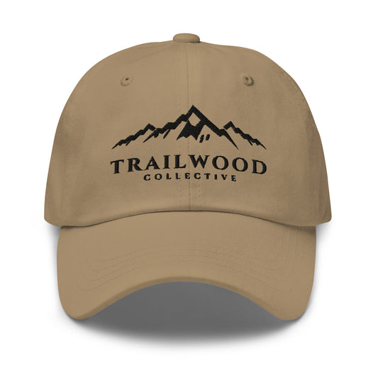 Khaki Trailwood Mountain dad hat with embroidered mountain-range logo, front view