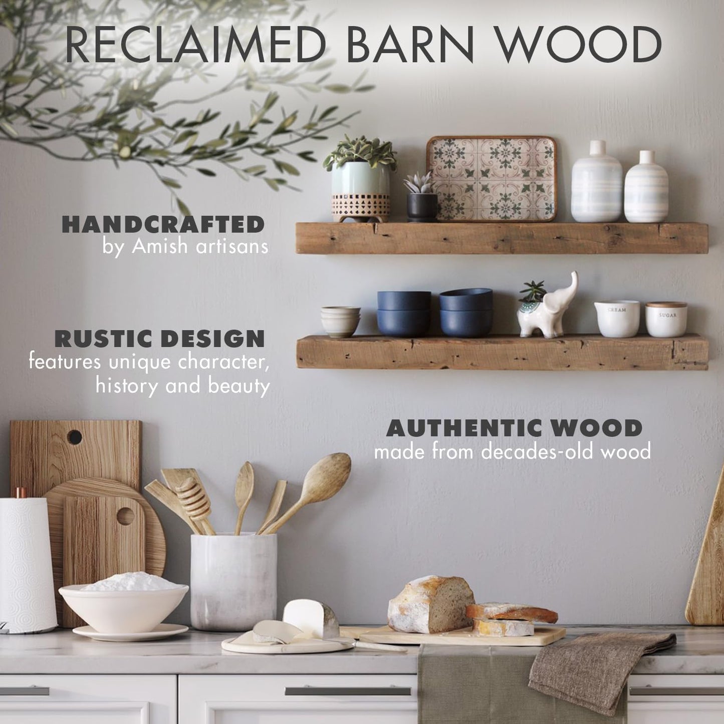 Urban Legacy Reclaimed Barnwood Planks | Floating Shelves for Wall W/Flush Mount Shelf Bracket Set Included | Set of 2 (Natural, 48" X 4.5" X 2")