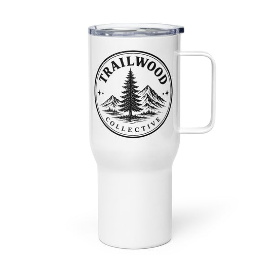 25 oz white stainless steel Trailwood Collective travel mug with handle, left view