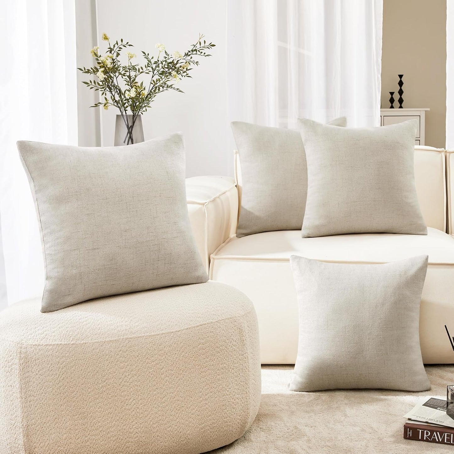 Deconovo Soft Pillow Cases Faux Linen Pillow Covers with Invisible Zipper Throw Cushions Covers for Bench 18X18 Inch Beige 4 Pcs Case Only No Insert