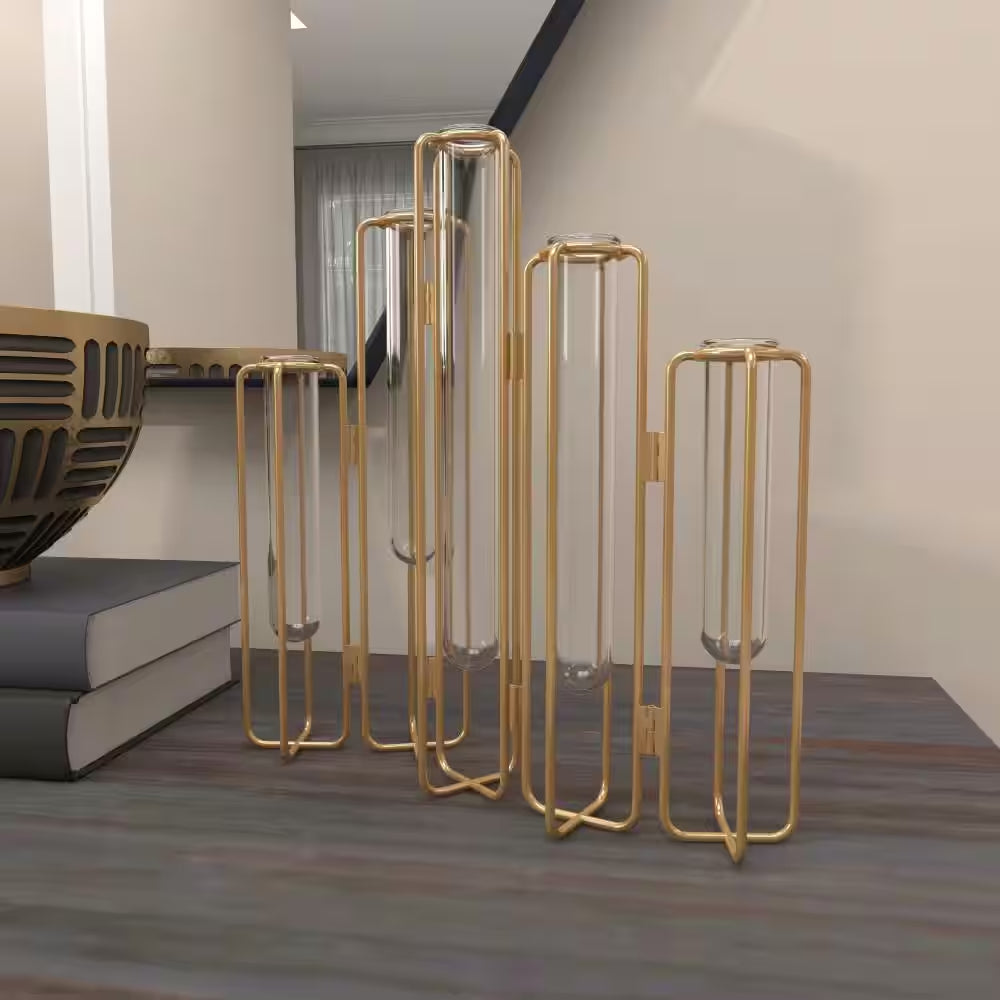 12 In. Gold Foldable Metal Decorative Vase with Clear Glass Test Tubes