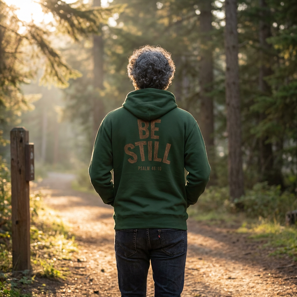 Man wearing the Be Still oversized hoodie in Forest Green, seen from behind on a sunlit forest trail