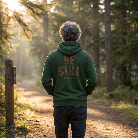 Man wearing the Be Still oversized hoodie in Forest Green, seen from behind on a sunlit forest trail