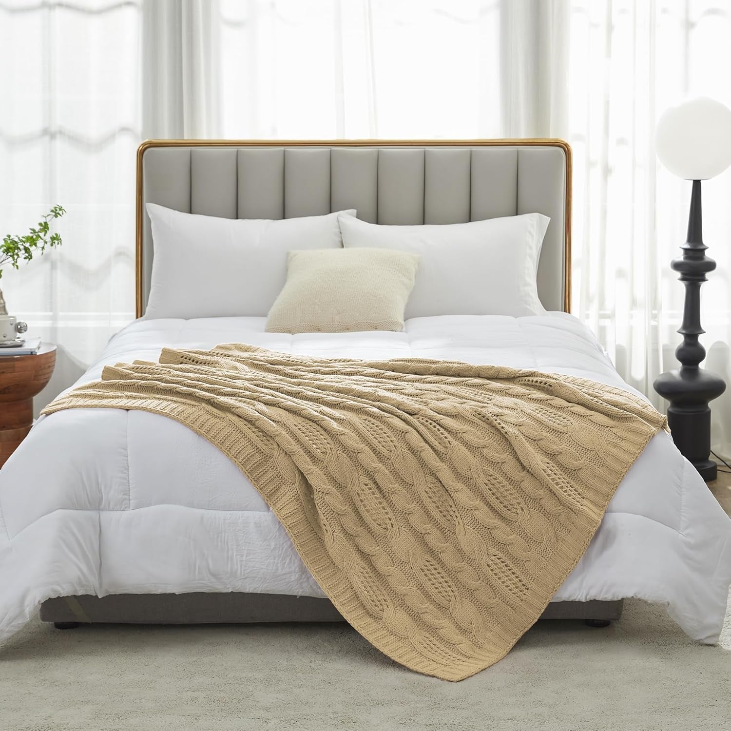 Amélie Home Chunky Knit Chenille Throw Blanket, Breathable Cable Knitted Blanket for Couch, Farmhouse Decorative Throw for Sofa Chair Bed, 50"X60", Beige