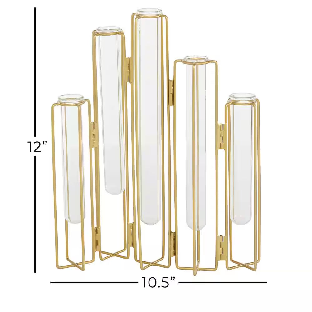 12 In. Gold Foldable Metal Decorative Vase with Clear Glass Test Tubes