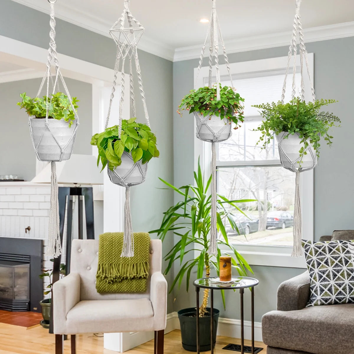 4 Pack Macrame Plant Hanger, 41" Indoor Outdoor Hanging Plant Basket Holder Hanging Planter Stand Flower Pots Home Decor with 4 Legs