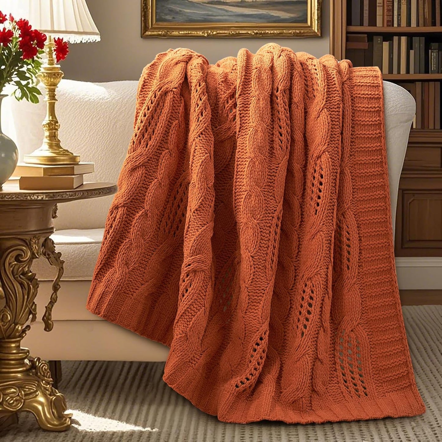 Amélie Home Chunky Knit Chenille Throw Blanket, Breathable Cable Knitted Blanket for Couch, Farmhouse Decorative Throw for Sofa Chair Bed, 50"X60", Beige