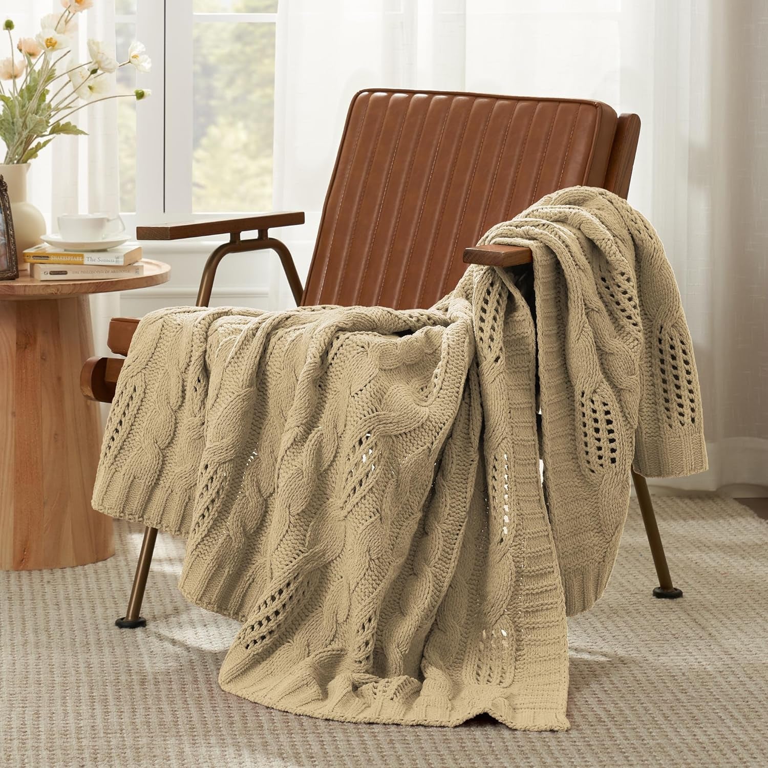 Amélie Home Chunky Knit Chenille Throw Blanket, Breathable Cable Knitted Blanket for Couch, Farmhouse Decorative Throw for Sofa Chair Bed, 50"X60", Beige
