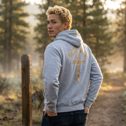 Man looking over his shoulder in the Redeemed oversized hoodie in Athletic Heather, wood-grain cross on the back