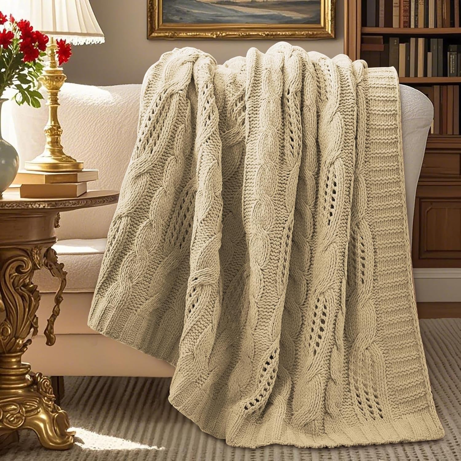 Amélie Home Chunky Knit Chenille Throw Blanket, Breathable Cable Knitted Blanket for Couch, Farmhouse Decorative Throw for Sofa Chair Bed, 50"X60", Beige