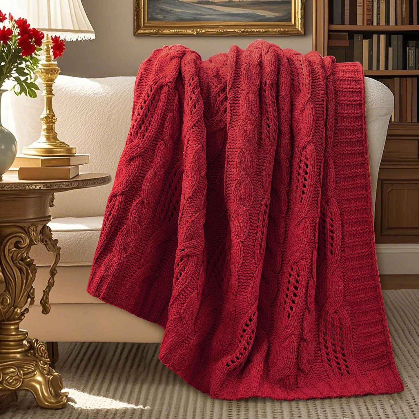 Amélie Home Chunky Knit Chenille Throw Blanket, Breathable Cable Knitted Blanket for Couch, Farmhouse Decorative Throw for Sofa Chair Bed, 50"X60", Beige