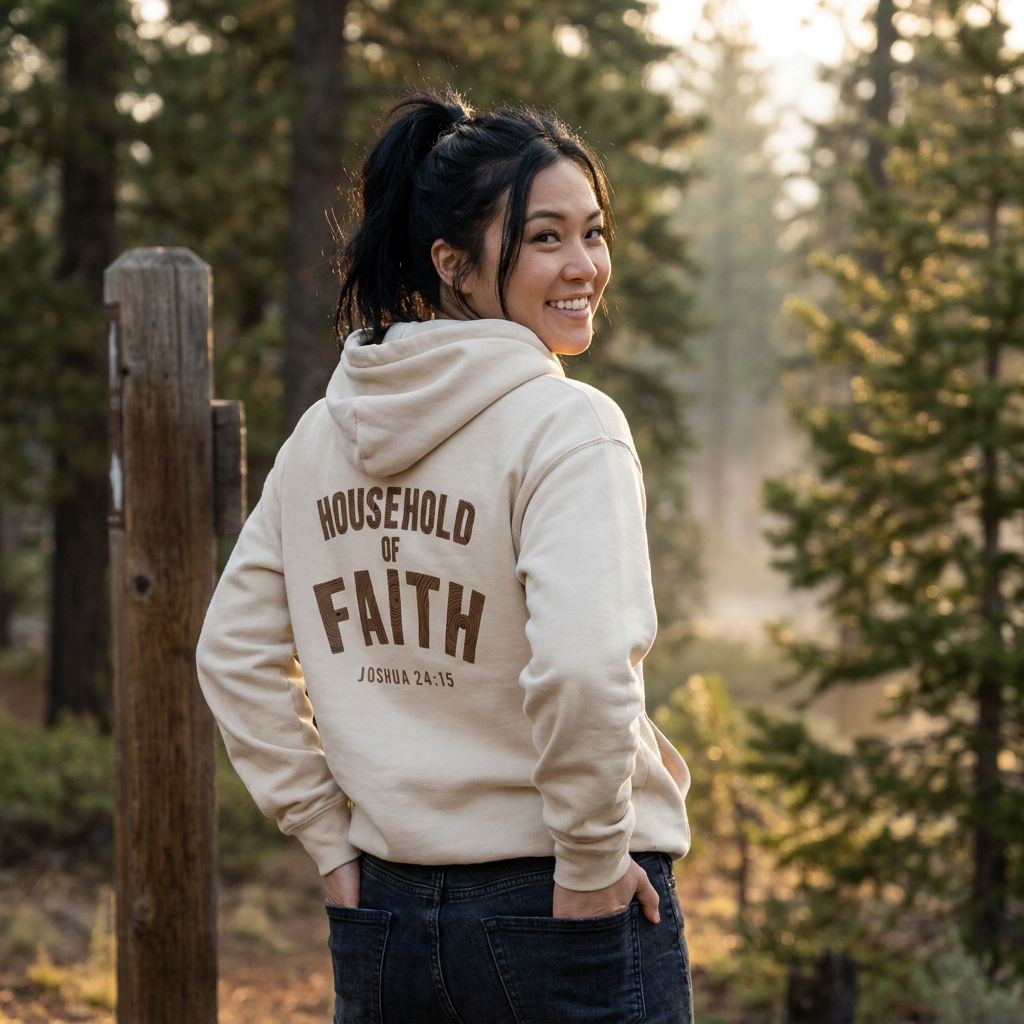 Woman smiling over her shoulder in the Household of Faith oversized hoodie in Dust on a forest trail