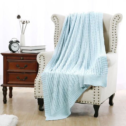 47"X70" Cotton Throw Blanket Cable Knit Decorative Blanket, Light Blue