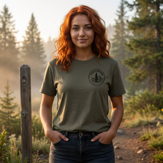 Woman in an Army green Trailwood Collective logo tee with the pine-and-peaks emblem on the left chest, standing on a misty trail
