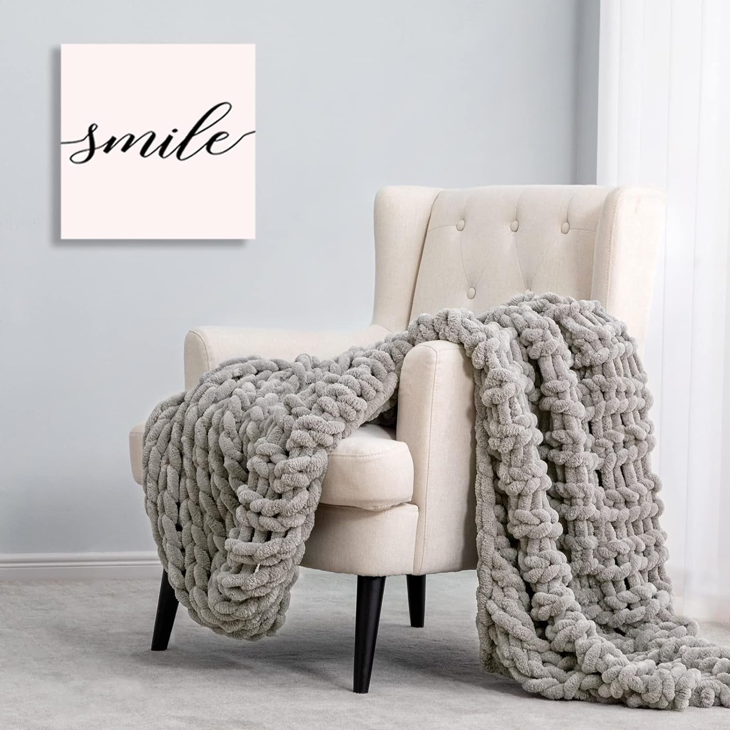 Hblife Chunky Knit Throw Blanket 40X40 Inches, Super Warm Soft Chenille Yarn Cable Knitted Blankets and Throws Boho Giant Cozy Thick Crochet Blanket for Sofa Bed Couch, Grey
