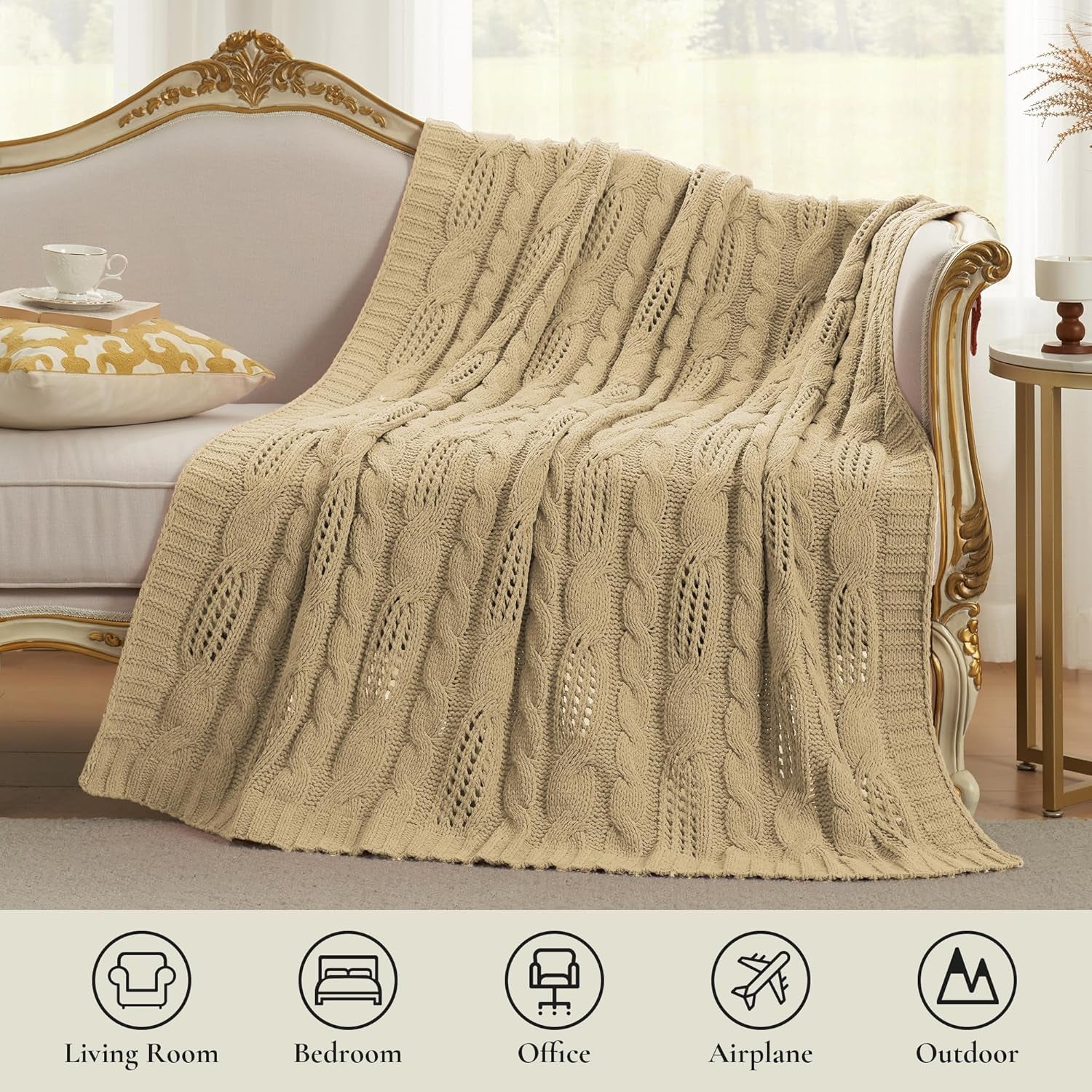 Amélie Home Chunky Knit Chenille Throw Blanket, Breathable Cable Knitted Blanket for Couch, Farmhouse Decorative Throw for Sofa Chair Bed, 50"X60", Beige