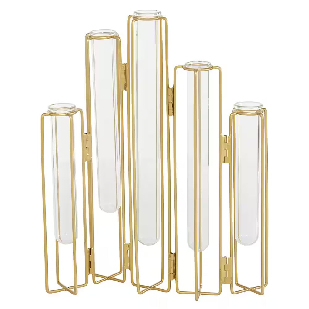 12 In. Gold Foldable Metal Decorative Vase with Clear Glass Test Tubes