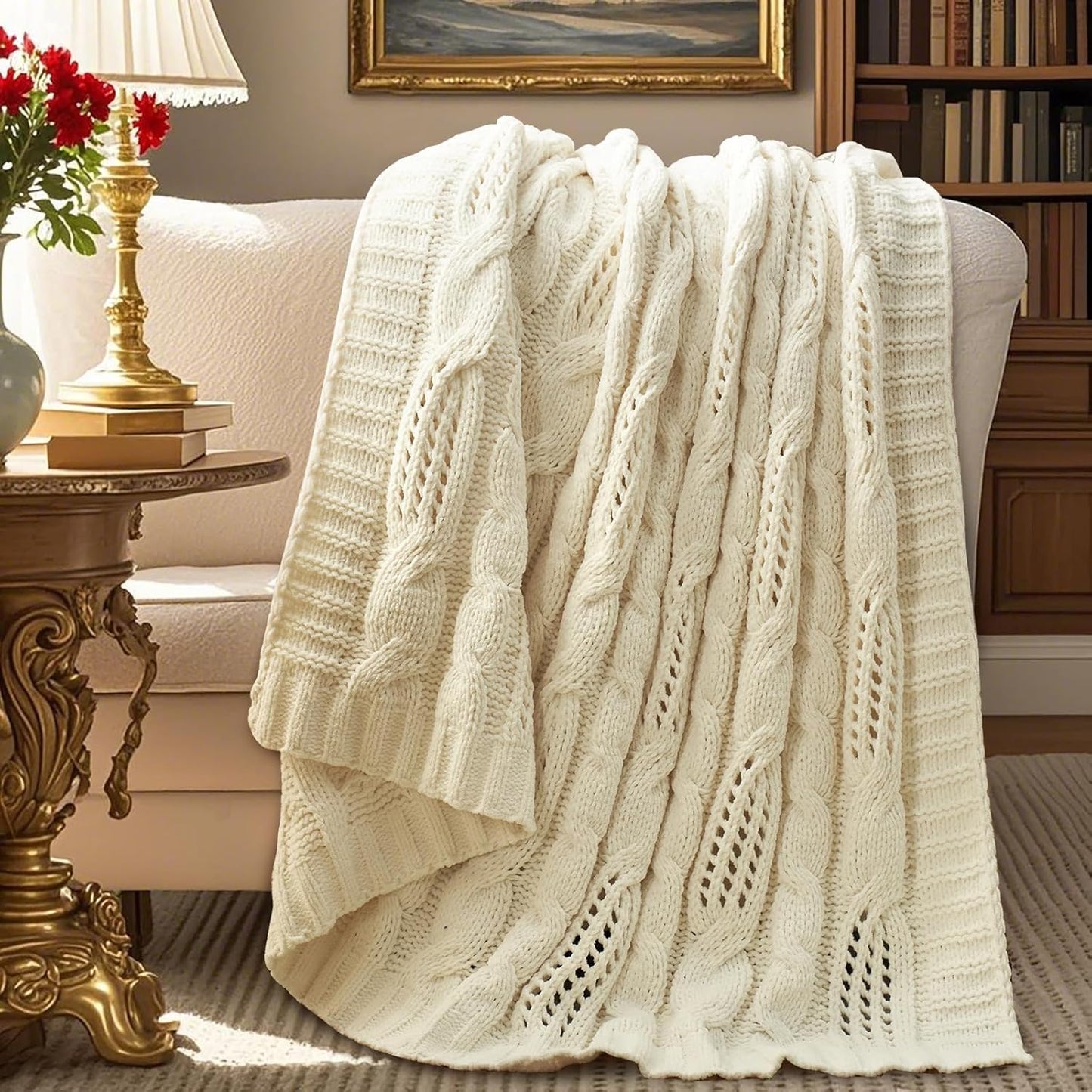 Amélie Home Chunky Knit Chenille Throw Blanket, Breathable Cable Knitted Blanket for Couch, Farmhouse Decorative Throw for Sofa Chair Bed, 50"X60", Beige