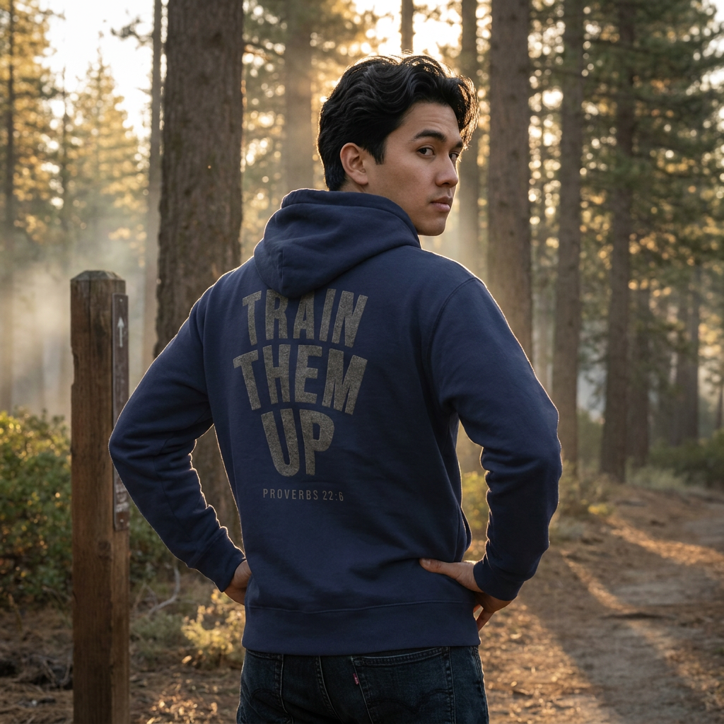 Young man wearing the Train Them Up oversized hoodie in Navy, seen from behind on a misty forest trail