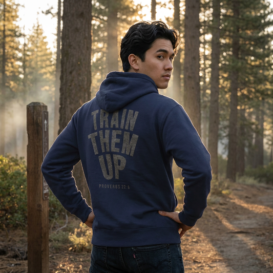 Young man wearing the Train Them Up oversized hoodie in Navy, seen from behind on a misty forest trail