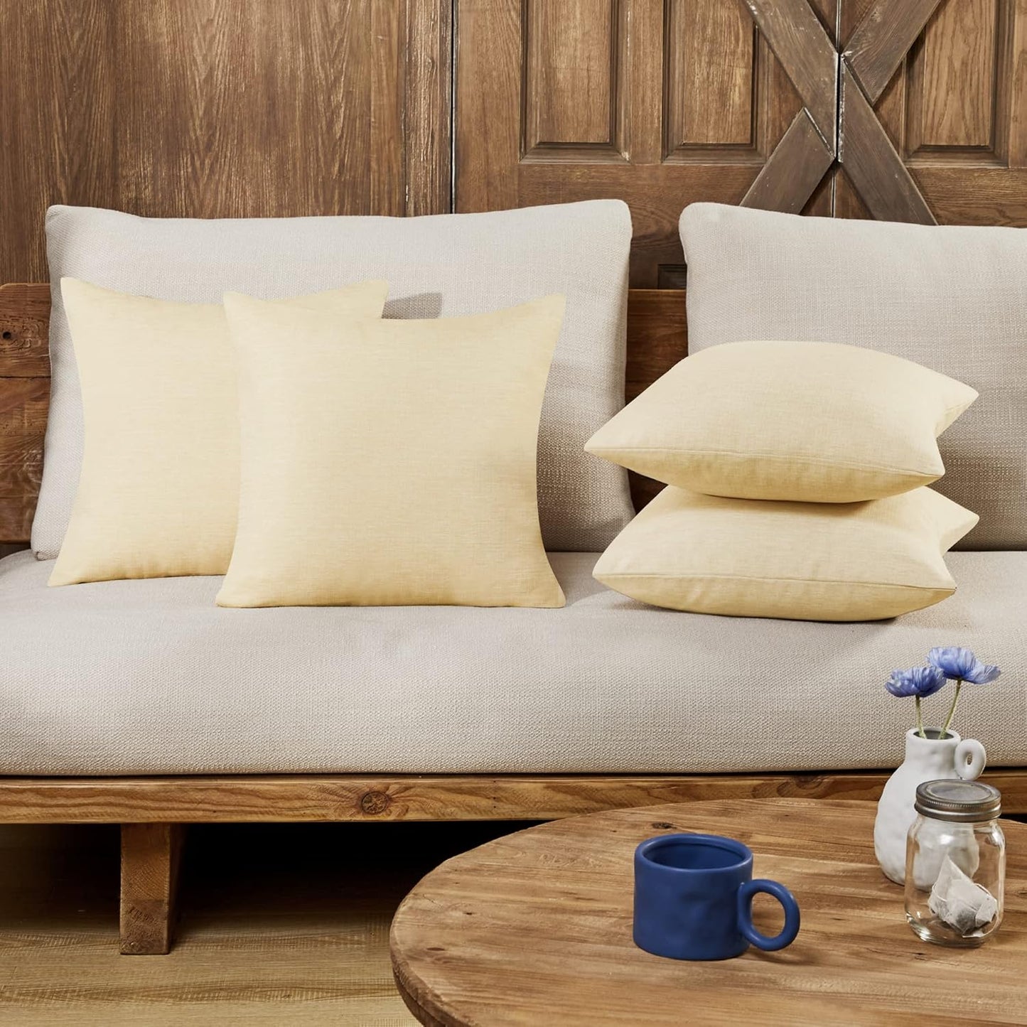 Deconovo Soft Pillow Cases Faux Linen Pillow Covers with Invisible Zipper Throw Cushions Covers for Bench 18X18 Inch Beige 4 Pcs Case Only No Insert