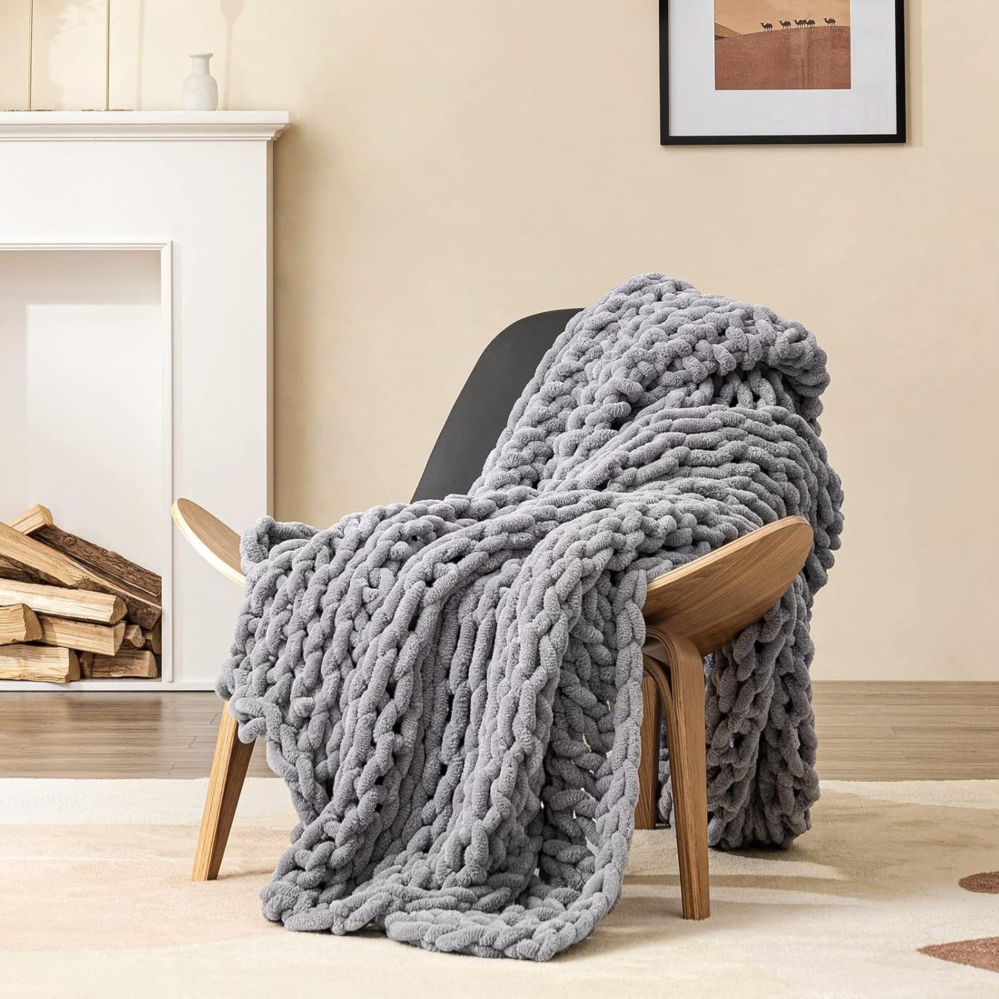 Hblife Chunky Knit Throw Blanket 40X40 Inches, Super Warm Soft Chenille Yarn Cable Knitted Blankets and Throws Boho Giant Cozy Thick Crochet Blanket for Sofa Bed Couch, Grey