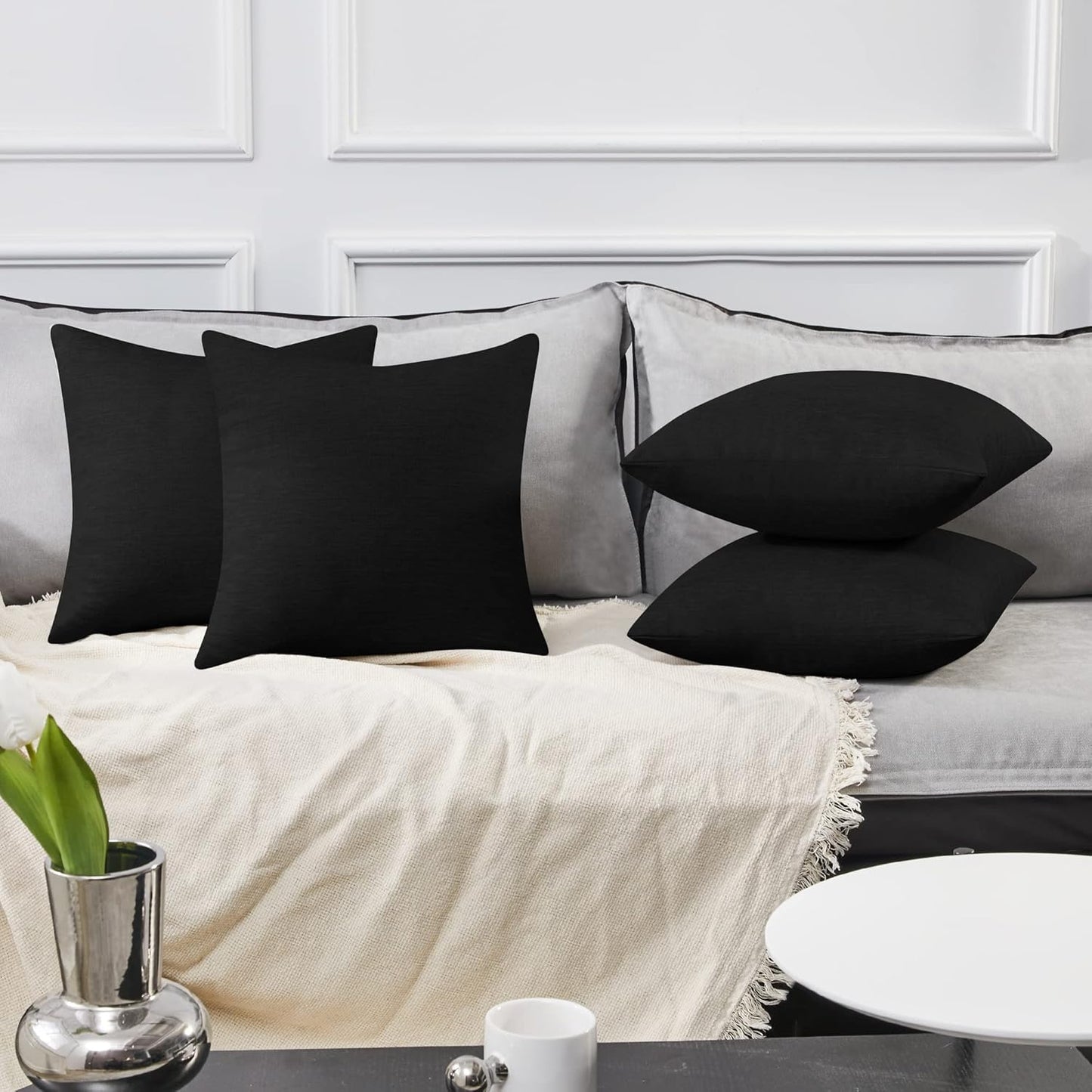 Deconovo Soft Pillow Cases Faux Linen Pillow Covers with Invisible Zipper Throw Cushions Covers for Bench 18X18 Inch Beige 4 Pcs Case Only No Insert