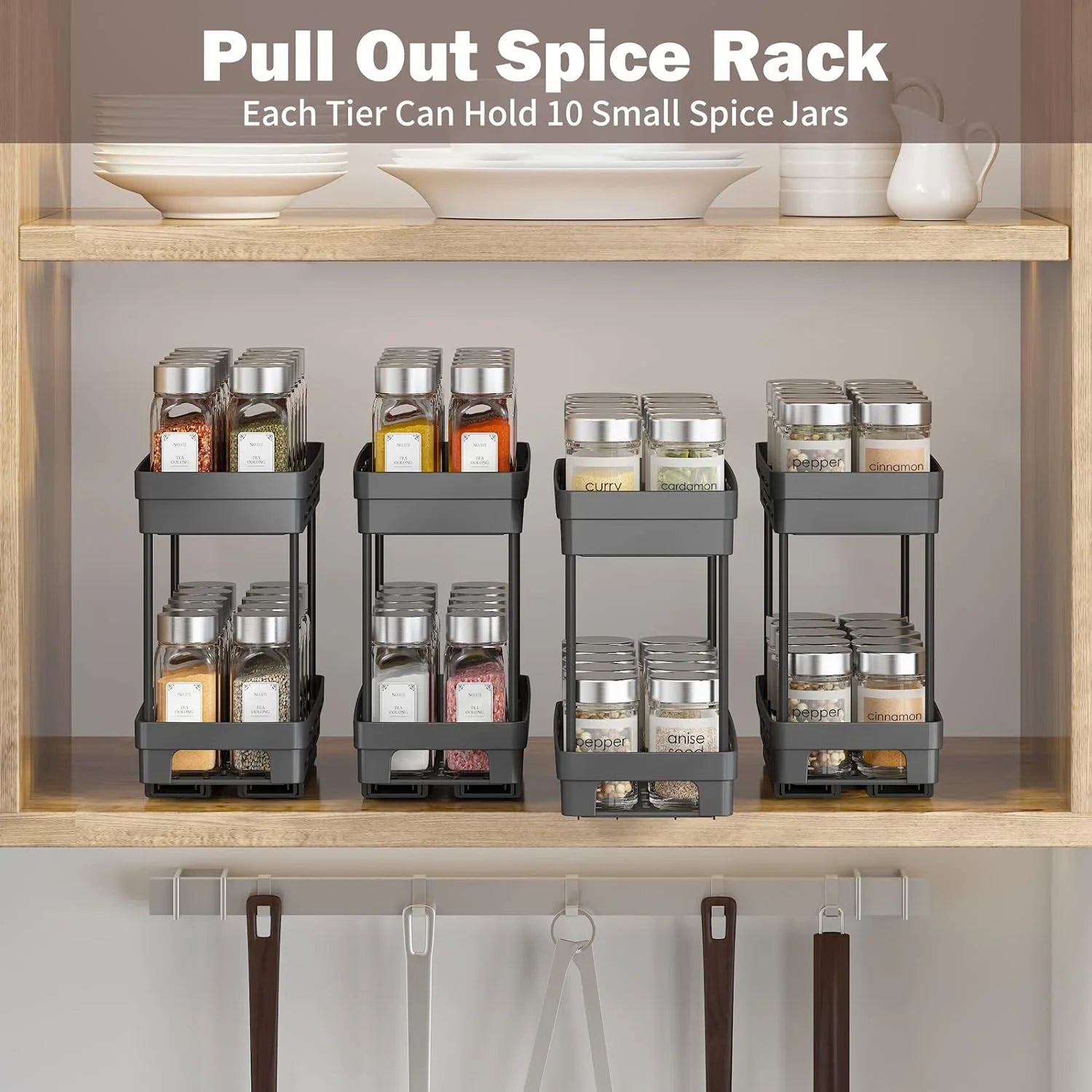 2-Pack Pull-Out Spice Rack Organizer for Cabinets, Slide-Out Design, Easy Installation