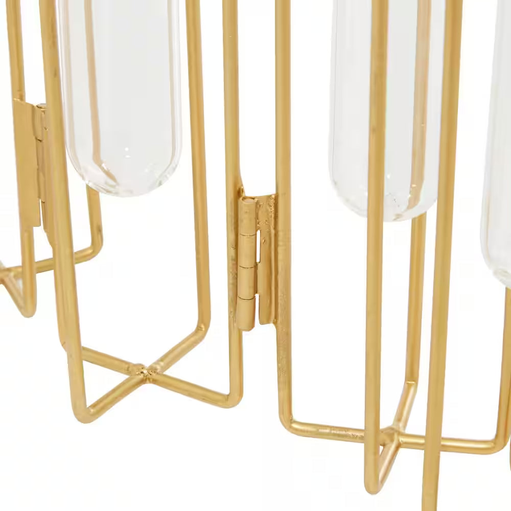 12 In. Gold Foldable Metal Decorative Vase with Clear Glass Test Tubes