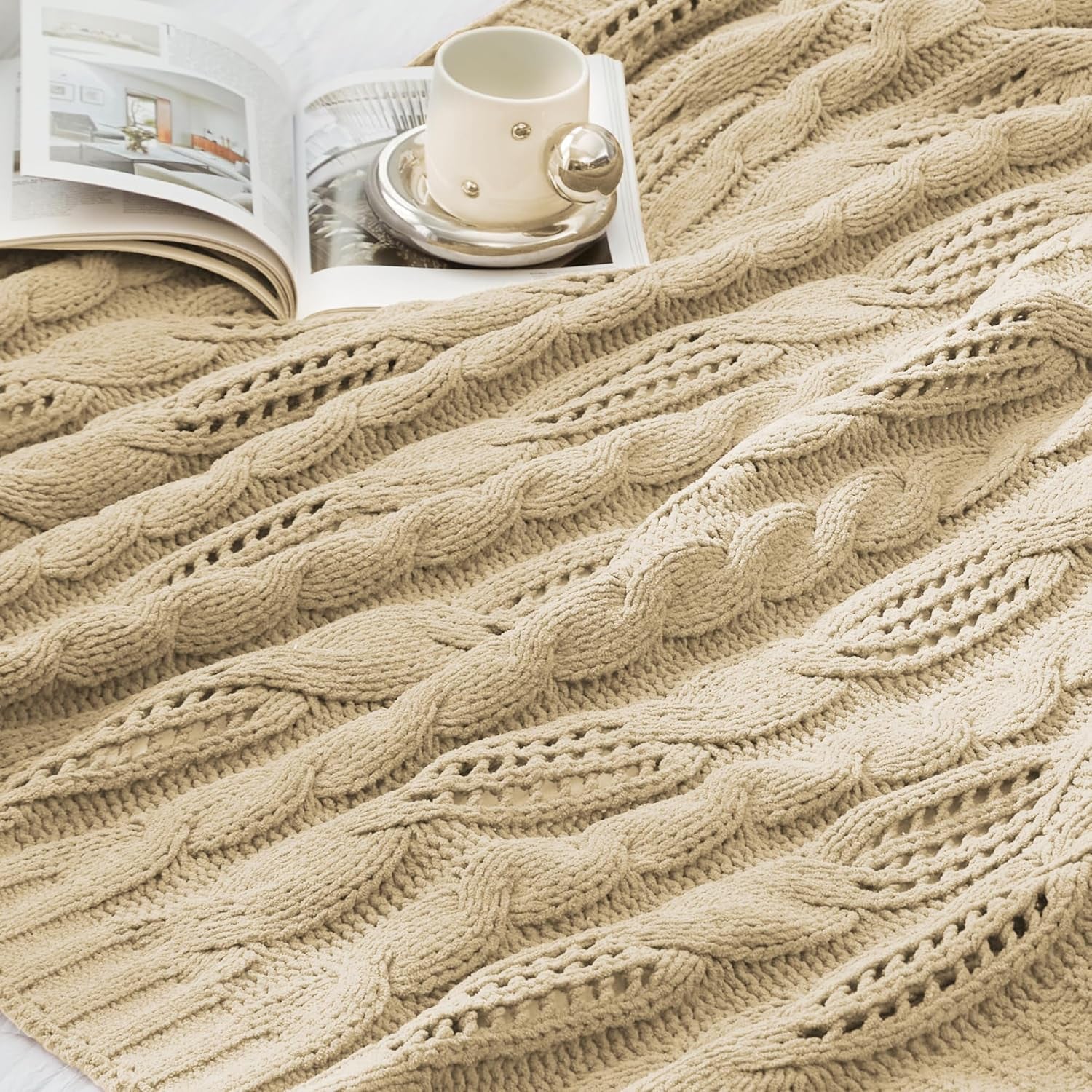 Amélie Home Chunky Knit Chenille Throw Blanket, Breathable Cable Knitted Blanket for Couch, Farmhouse Decorative Throw for Sofa Chair Bed, 50"X60", Beige