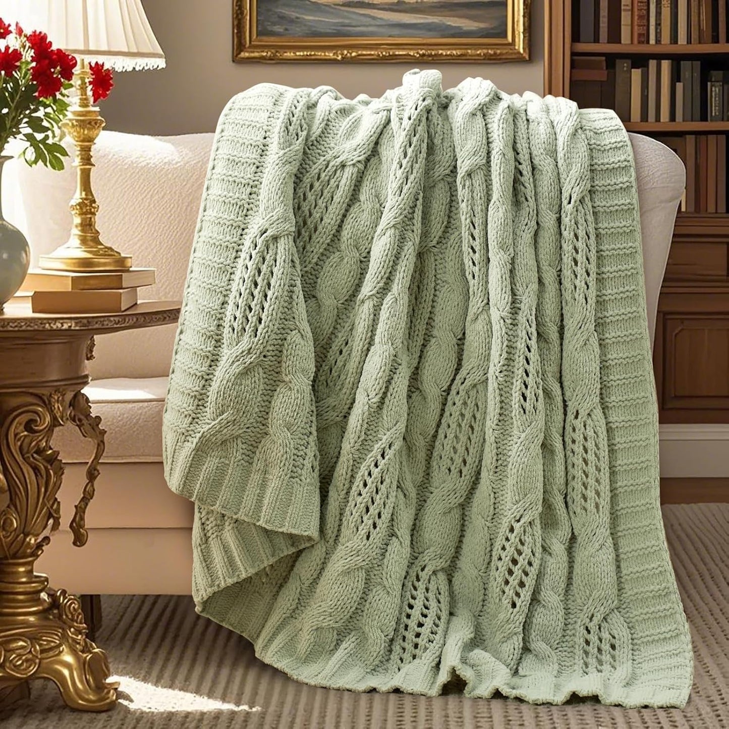 Amélie Home Chunky Knit Chenille Throw Blanket, Breathable Cable Knitted Blanket for Couch, Farmhouse Decorative Throw for Sofa Chair Bed, 50"X60", Beige