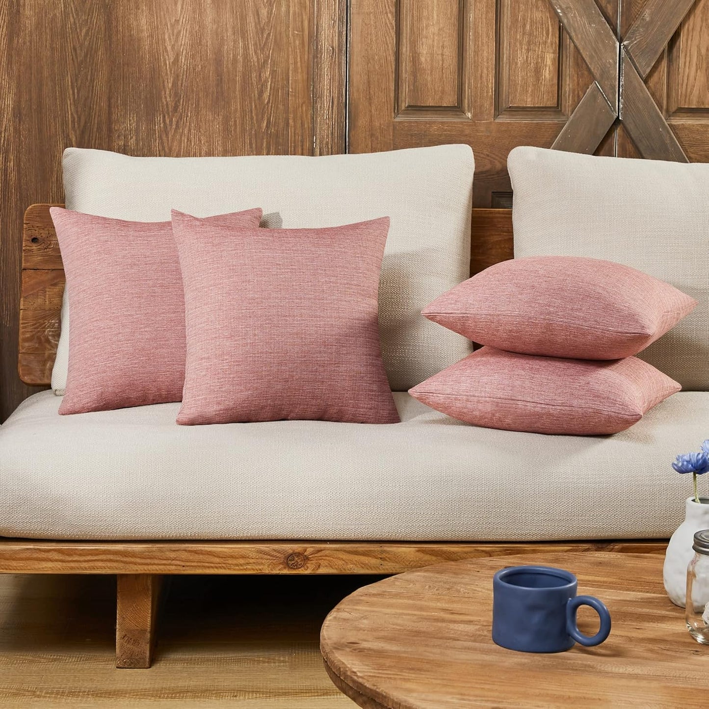 Deconovo Soft Pillow Cases Faux Linen Pillow Covers with Invisible Zipper Throw Cushions Covers for Bench 18X18 Inch Beige 4 Pcs Case Only No Insert