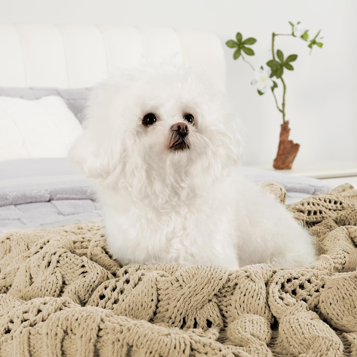 Amélie Home Chunky Knit Chenille Throw Blanket, Breathable Cable Knitted Blanket for Couch, Farmhouse Decorative Throw for Sofa Chair Bed, 50"X60", Beige