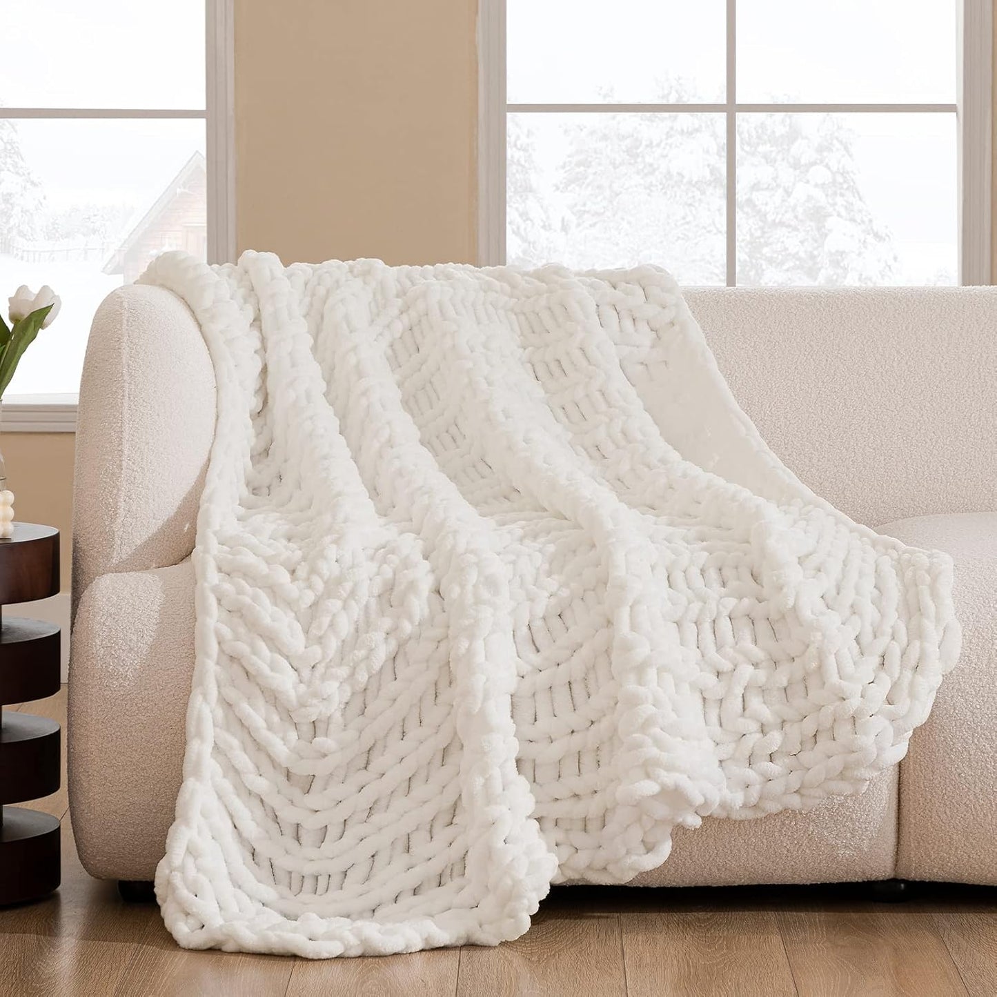 Hblife Chunky Knit Throw Blanket 40X40 Inches, Super Warm Soft Chenille Yarn Cable Knitted Blankets and Throws Boho Giant Cozy Thick Crochet Blanket for Sofa Bed Couch, Grey