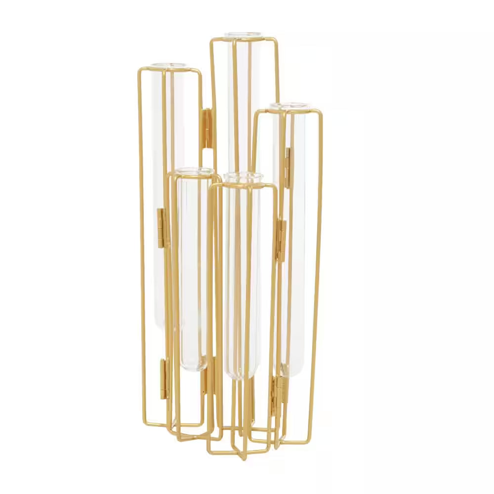 12 In. Gold Foldable Metal Decorative Vase with Clear Glass Test Tubes
