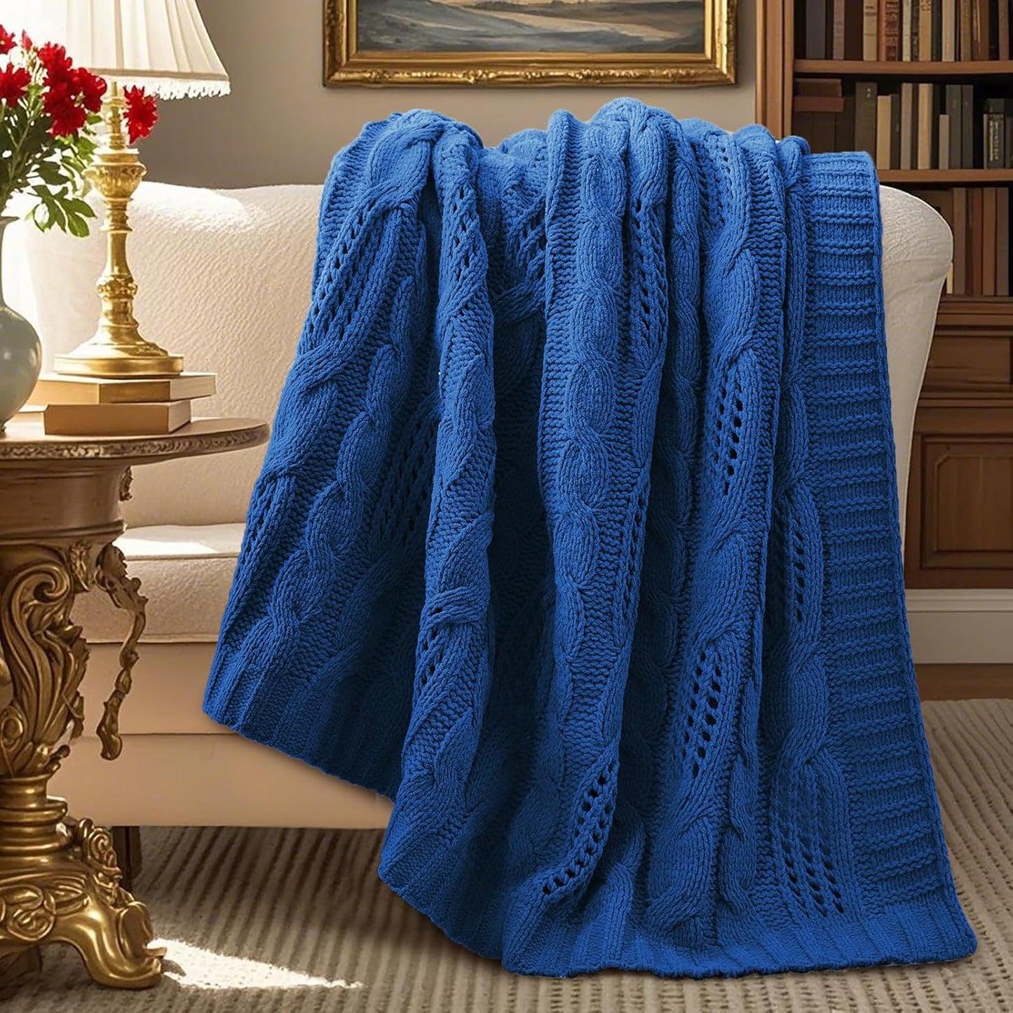 Amélie Home Chunky Knit Chenille Throw Blanket, Breathable Cable Knitted Blanket for Couch, Farmhouse Decorative Throw for Sofa Chair Bed, 50"X60", Beige