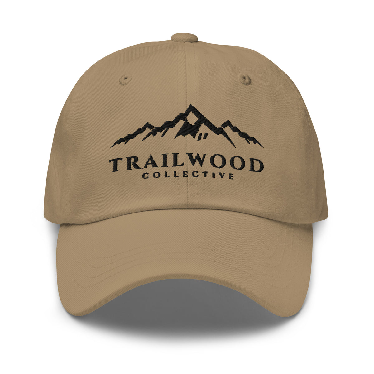 Khaki Trailwood Mountain dad hat with embroidered mountain-range logo, front view