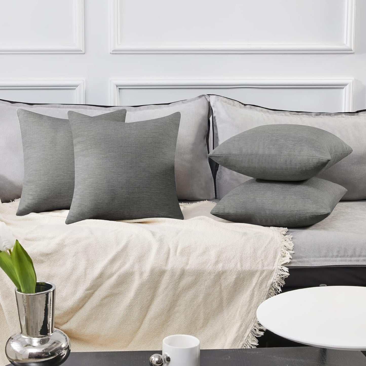 Deconovo Soft Pillow Cases Faux Linen Pillow Covers with Invisible Zipper Throw Cushions Covers for Bench 18X18 Inch Beige 4 Pcs Case Only No Insert