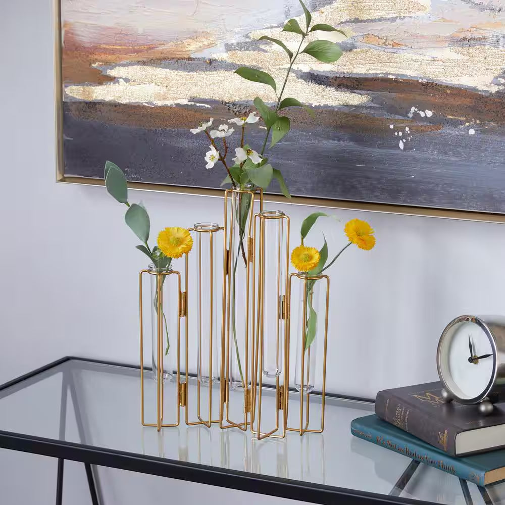 12 In. Gold Foldable Metal Decorative Vase with Clear Glass Test Tubes