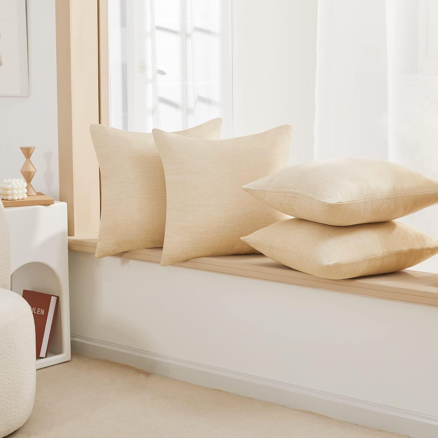 Deconovo Soft Pillow Cases Faux Linen Pillow Covers with Invisible Zipper Throw Cushions Covers for Bench 18X18 Inch Beige 4 Pcs Case Only No Insert
