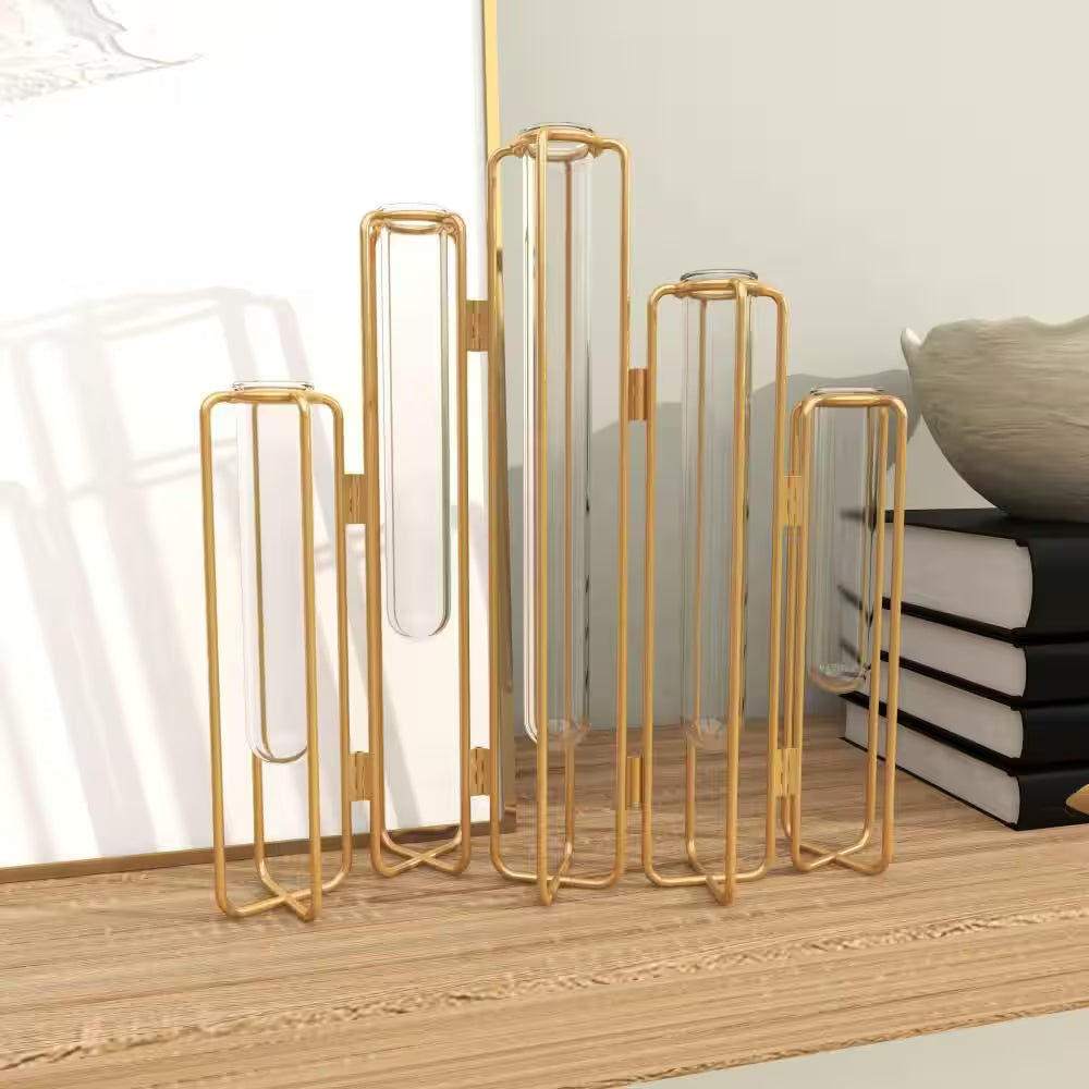 12 In. Gold Foldable Metal Decorative Vase with Clear Glass Test Tubes