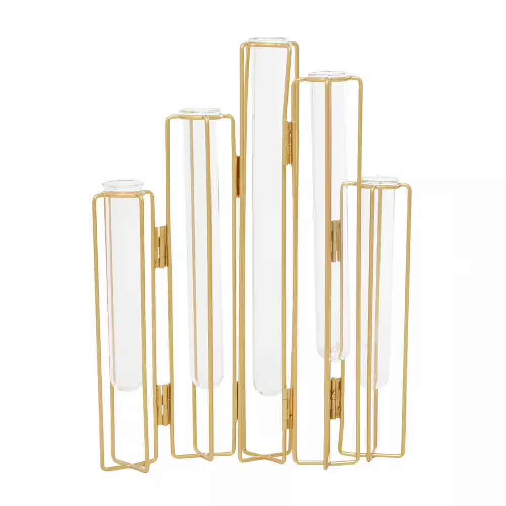 12 In. Gold Foldable Metal Decorative Vase with Clear Glass Test Tubes
