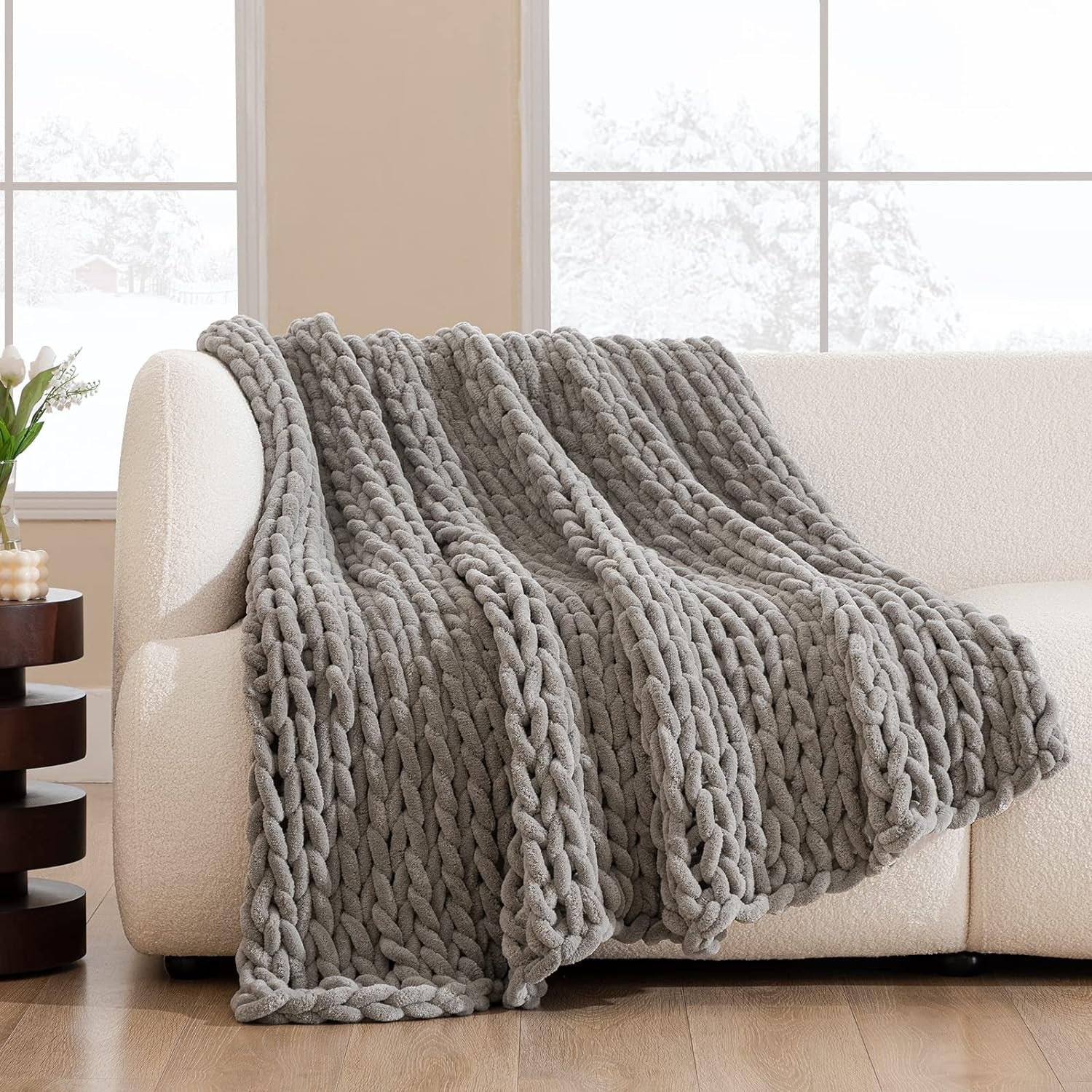 Hblife Chunky Knit Throw Blanket 40X40 Inches, Super Warm Soft Chenille Yarn Cable Knitted Blankets and Throws Boho Giant Cozy Thick Crochet Blanket for Sofa Bed Couch, Grey