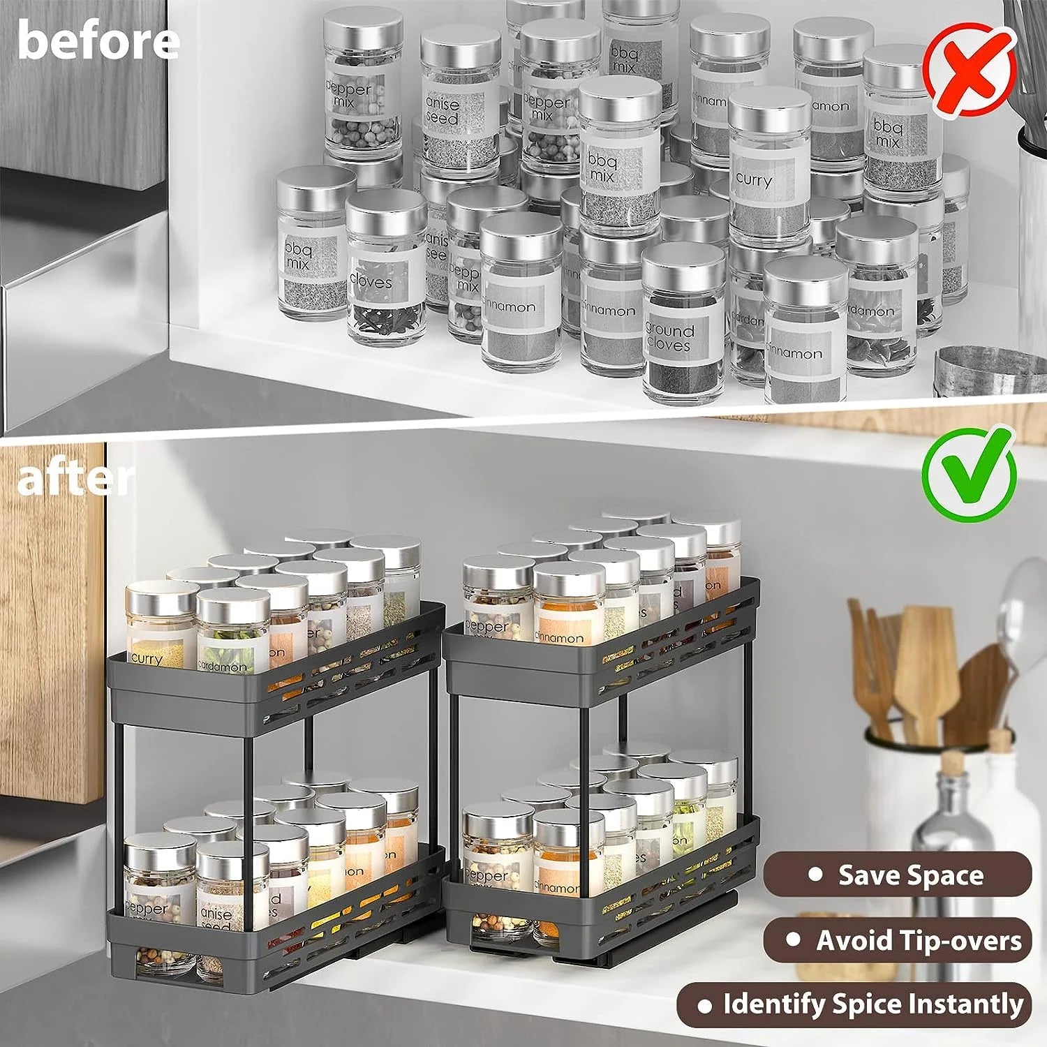 2-Pack Pull-Out Spice Rack Organizer for Cabinets, Slide-Out Design, Easy Installation