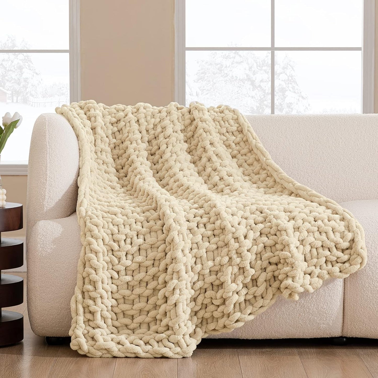 Hblife Chunky Knit Throw Blanket 40X40 Inches, Super Warm Soft Chenille Yarn Cable Knitted Blankets and Throws Boho Giant Cozy Thick Crochet Blanket for Sofa Bed Couch, Grey