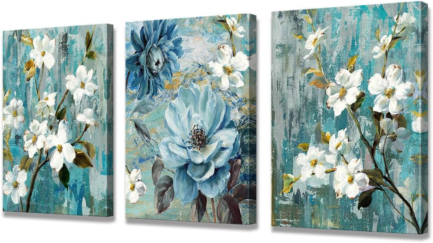 Bathroom Floral Canvas Wall Art - Living Room Decor Blue Painting Artwork - 16X24X3 Panel Hanging Print