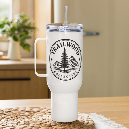 40 oz white stainless steel Trailwood Collective travel mug with handle, straw, and pine-and-peaks emblem, right view