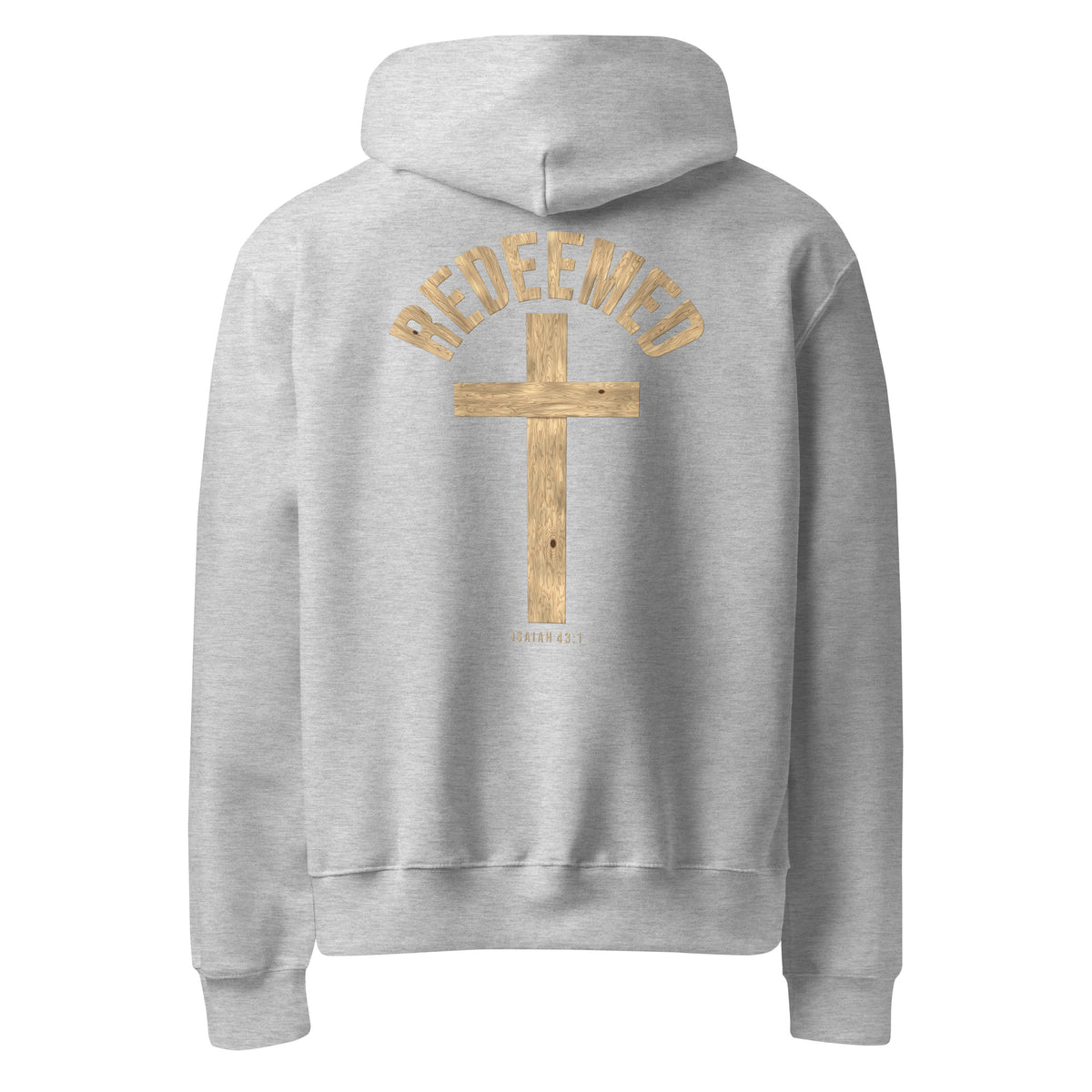 Redeemed oversized hoodie in Athletic Heather, back view with wood-grain lettering and cross