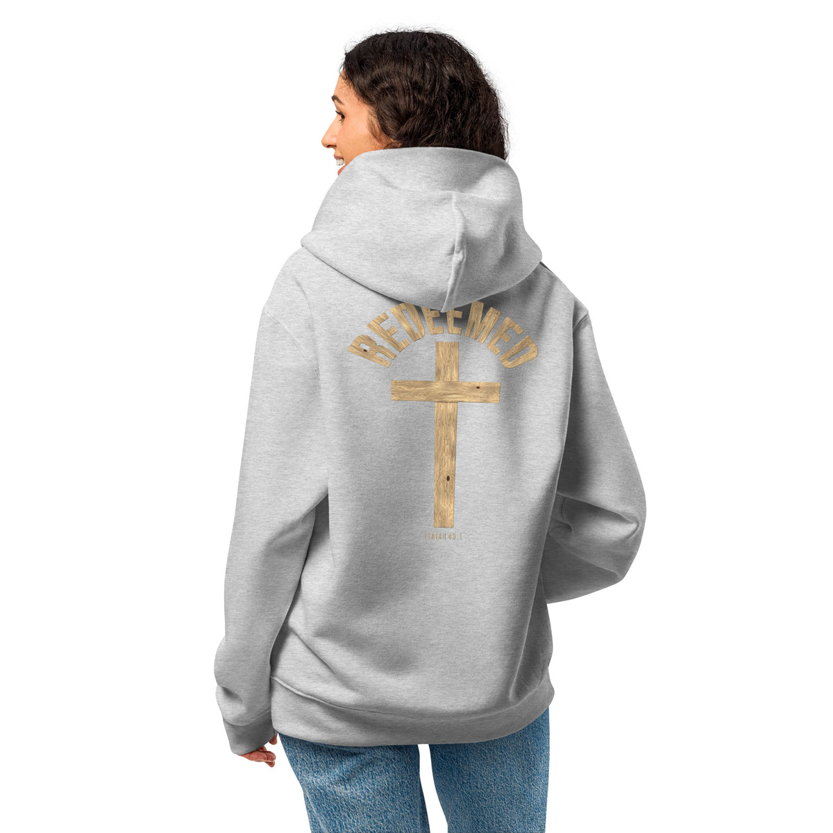 Redeemed oversized hoodie in Athletic Heather, back view with Isaiah 43:1 print